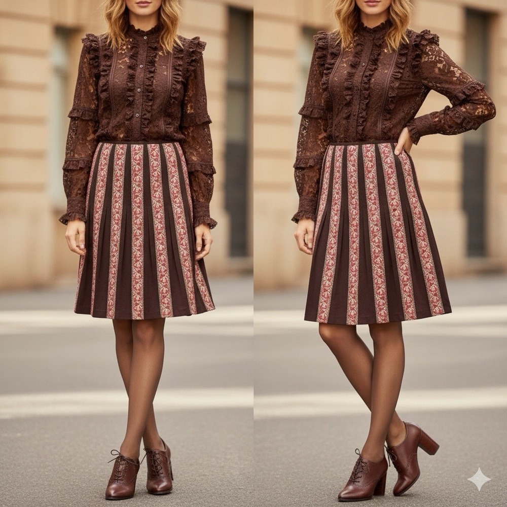 Ann Taylor Pleated Silk Skirt Cottage Academia 4P Embroidered Tapestry‎ Lined